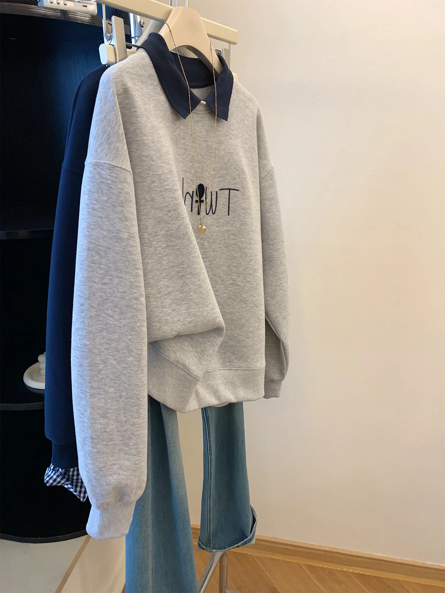 

Retro Korean Sle Color Blo Letter Print Sweatirt Women's Spring Autumn Loose Slimming Top Casual Stand Fit Long Sve