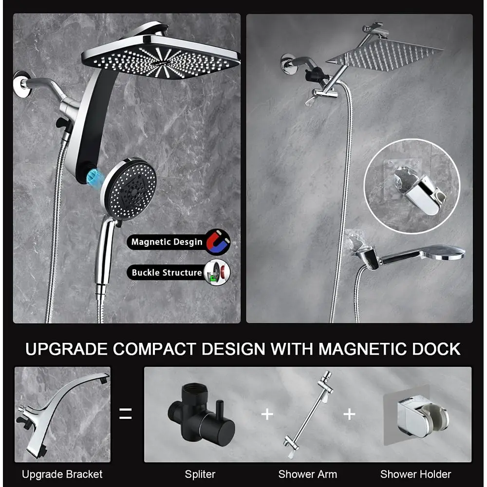 Luxury Shower System: Dual Shower Head with Magnetic Handheld and 10 Settings, Power Jets Included