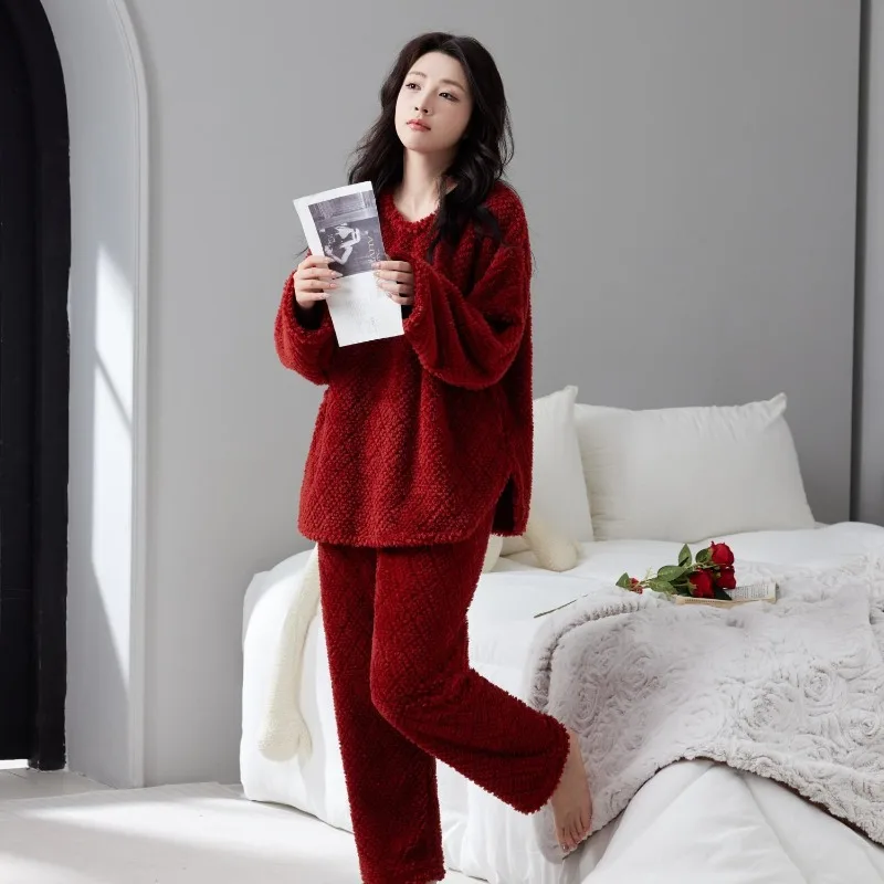 

Пижамы из кораллового флиса, женские зимне-осенние новые стильные флисовые и утолщенные простые пуловеры, подходящие для ношения в качестве комплекта домашней одежды