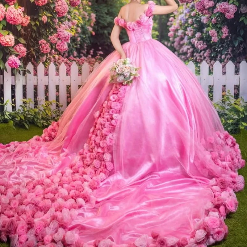 Pink Quinceanera Dress off-shoulder crystal  decal 3D flower Long tail vestidos de 15 Quinceanera ﻿Customize