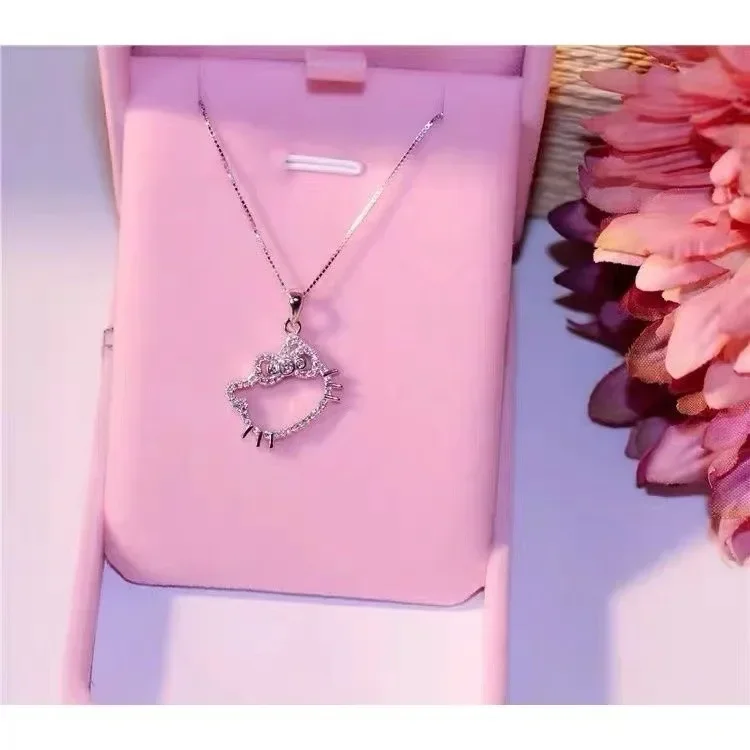 Kawaii Hello Kitty Sanrio Anime Crystal Pendant Necklaces Ladies Girl Simple White Zircon Elegant Necklace Women Jewelry Gift