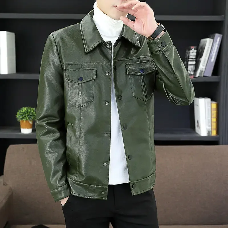 2025 Spring Leather Men's New Lapel Handsome Casual Thin Plus Fleece Coat Young Slim Korean Wear Fashion Trend Zipper Jacket