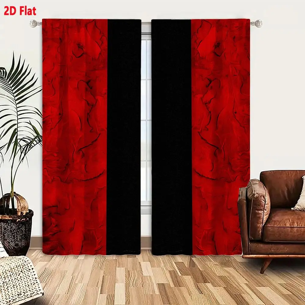 2Pcs Curtains 2D Flat Symmetrical Abstract Composition With Deep Red Swirling Texture And Central Black Stripe Window Drapes for