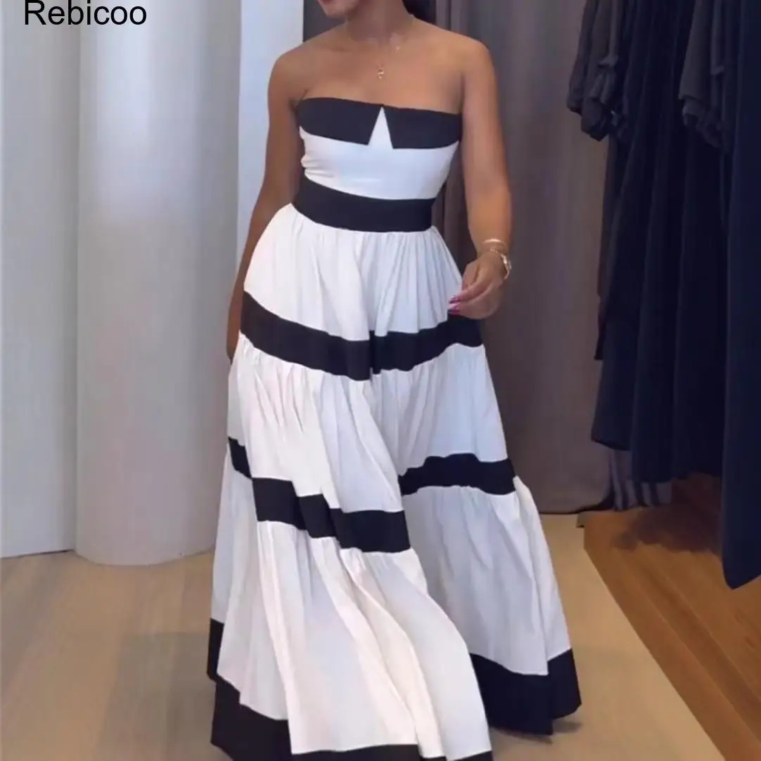 Women's Strapless Tiered Maxi Dress Black and White Contrast Ruffle Hem Bow Detail A-Line Long Party Evening Gown Summer