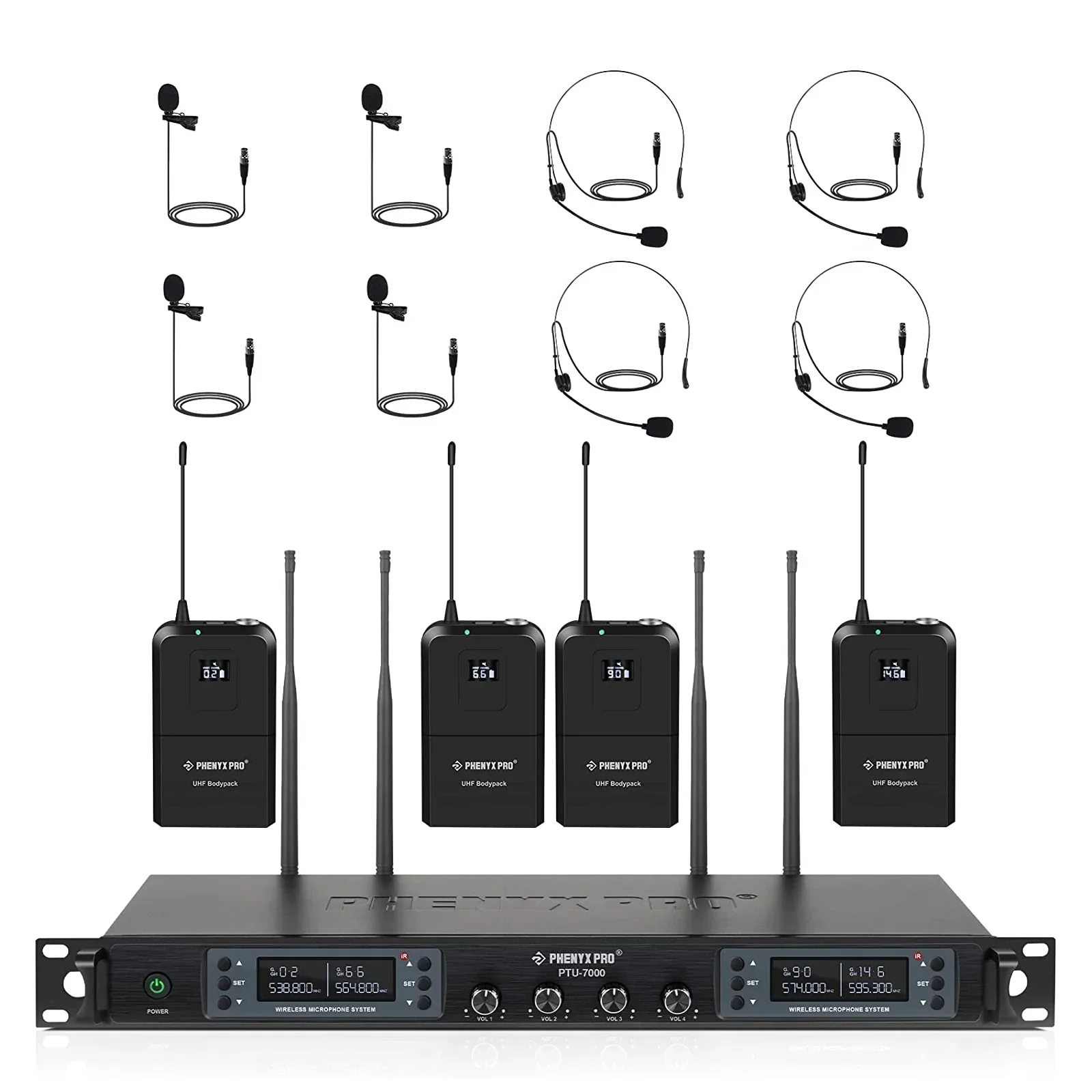 

Phenyx Pro 4x40 Channels Wireless Microphone System Cordless Mic Set Auto Scan 328ft/m Coverage for DJ, Church,Events PTU-7000