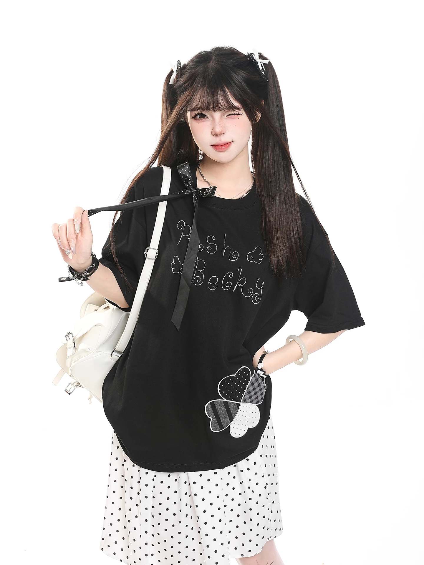Korean Style  Knot Letter Embroidery Short Sleeve T-Shirt Women Summer Age Reduction Versatile Loose Casual Super Be...