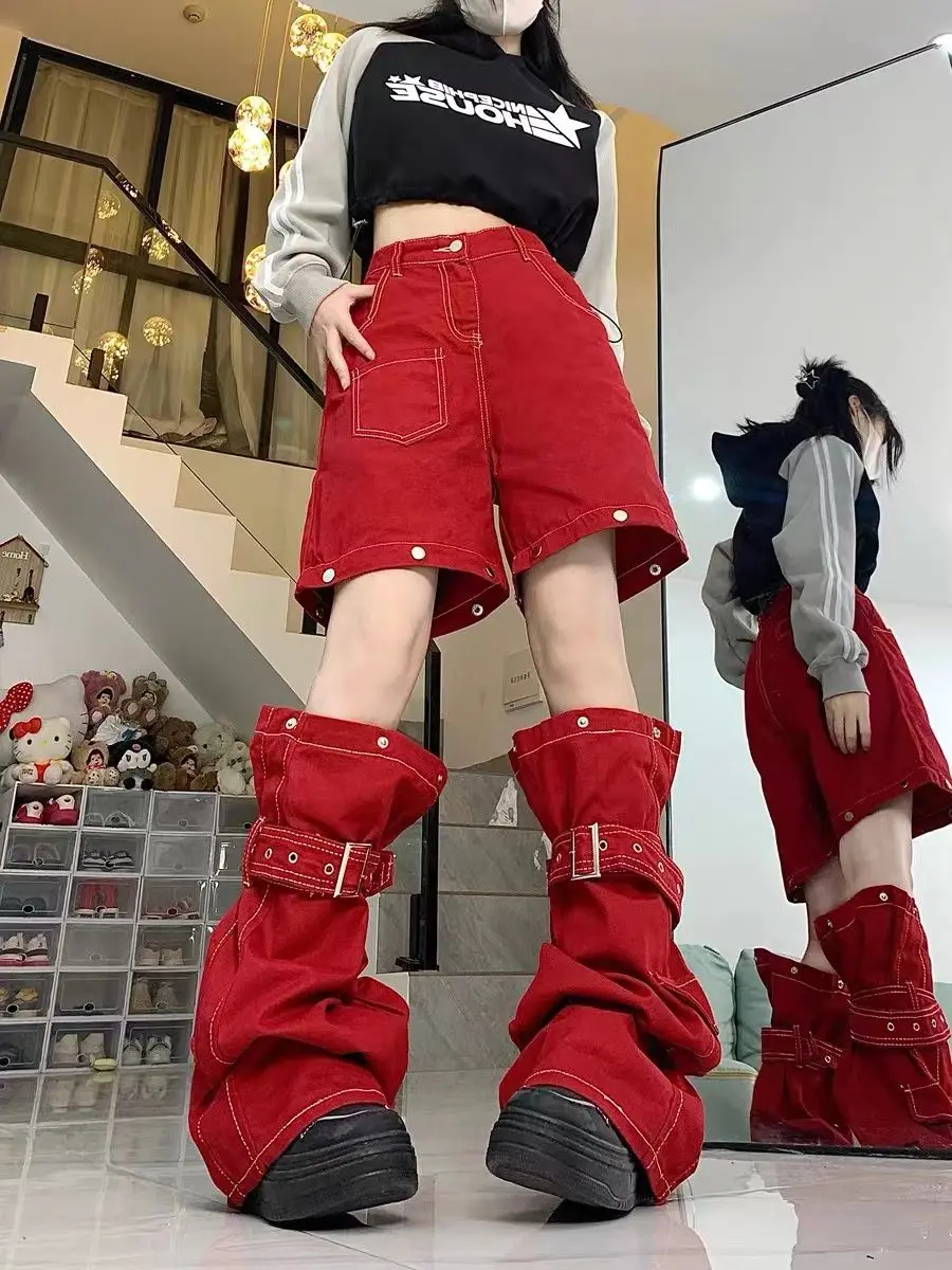 American high street vermelho trabalho jeans feminino 90s picante menina y2k design sentir destacável calças jeans soltas perna larga calças de carga