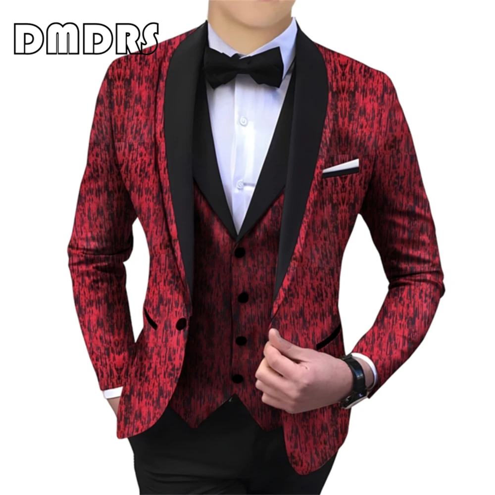 Dyeing Stripes Men's 3 Pieces Suit Set Jacket Pants Vest Shawl Neck Men Tuxedo Dinner Formal Suits Dresswear Groom