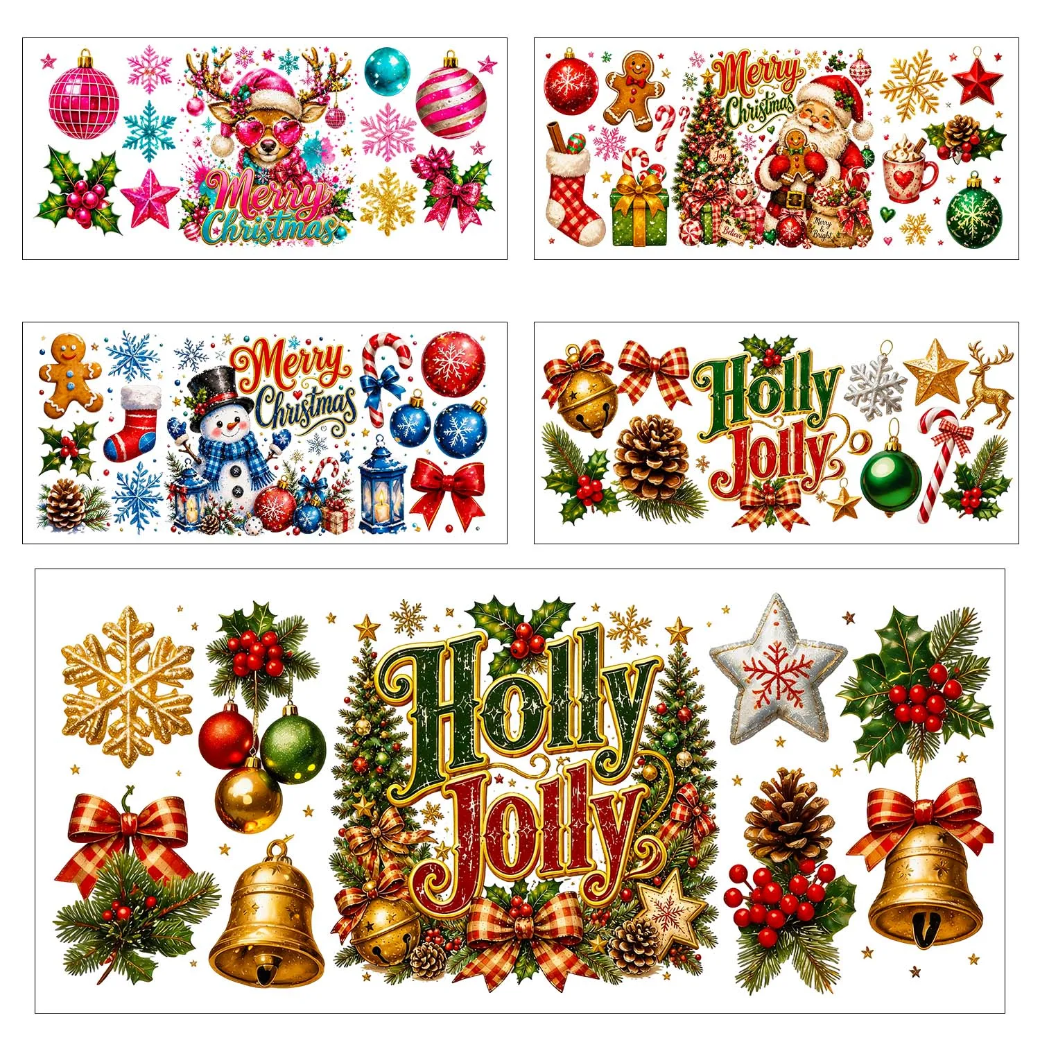 Holly Jolly Merry Christmas UV DTF Transfer Sticker Waterproof DIY Decals 3D Transfers UVDTF Sticker 16oz UV DTF Cup Wraps