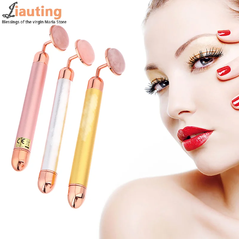 Natural Stone Rose Gold Electric Roller Original Amethyst Quartz Jade Big Frequency Eye Massage Face Care Neck Detox Beauty Tool