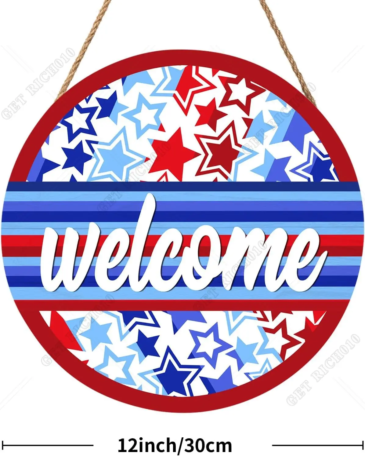 4th of July Welcome Door Sign Independence Day Welcome Sign for Front Door 12x12in American Patriotic Wreath Wood Wall Hanger