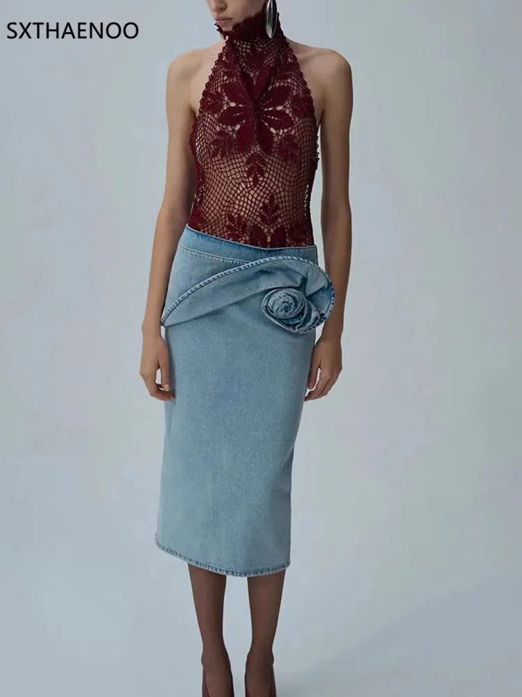 Sxthaenoo saia saias roupas femininas mini roupas femininas y2k gótico longo azul 3d flores vestido 2025 vestidos