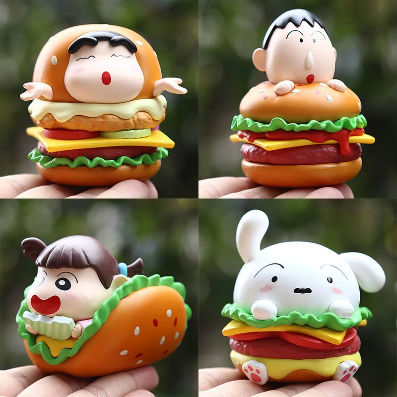 

4 Pcs/Set 6-7.5cm Crayon Shin-Chan Hamburger Ver. Nohara Shiro Boochan Sakurada Nene Anime Cartoon Model Figures Periphey Dolls