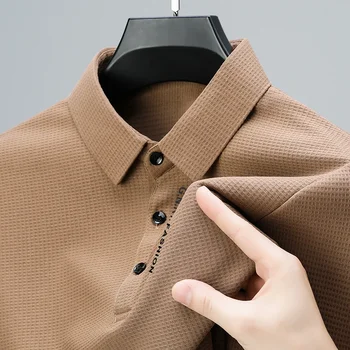 Men's Waffle Long Sleeved POLO Shirt with Letter Printed Lapel Casual Top 3