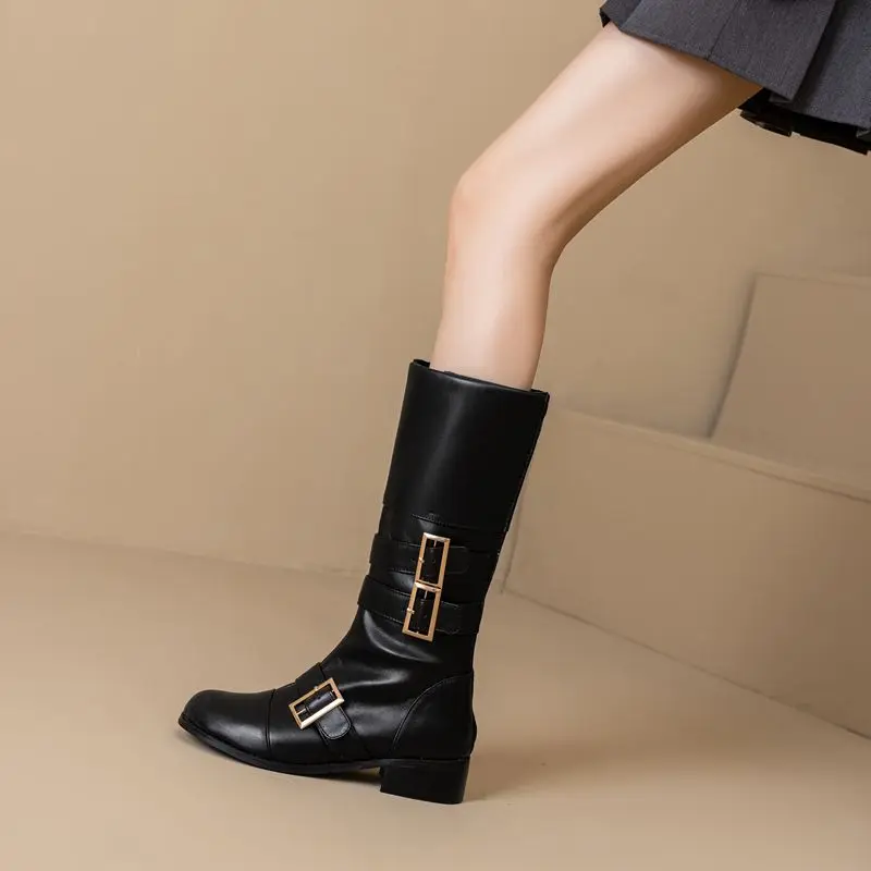 REAVE CAT Classic Women Riding Boots Round Toe Thick Heels Zipper Belt Buckle Big Size 46 47 48 Casual Retro Mid Calf Daily Bota image 4