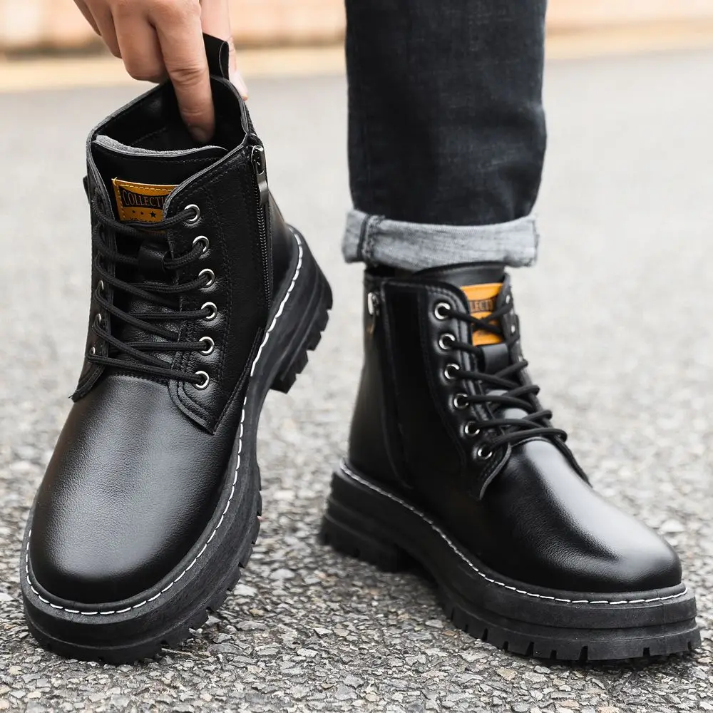 

Новое поступление, мужские зимние теплые высокие хлопковые ботинки из натуральной кожи, противоскользящие зимние ботинки на толстой подошве, увеличивающие рост на подкладке