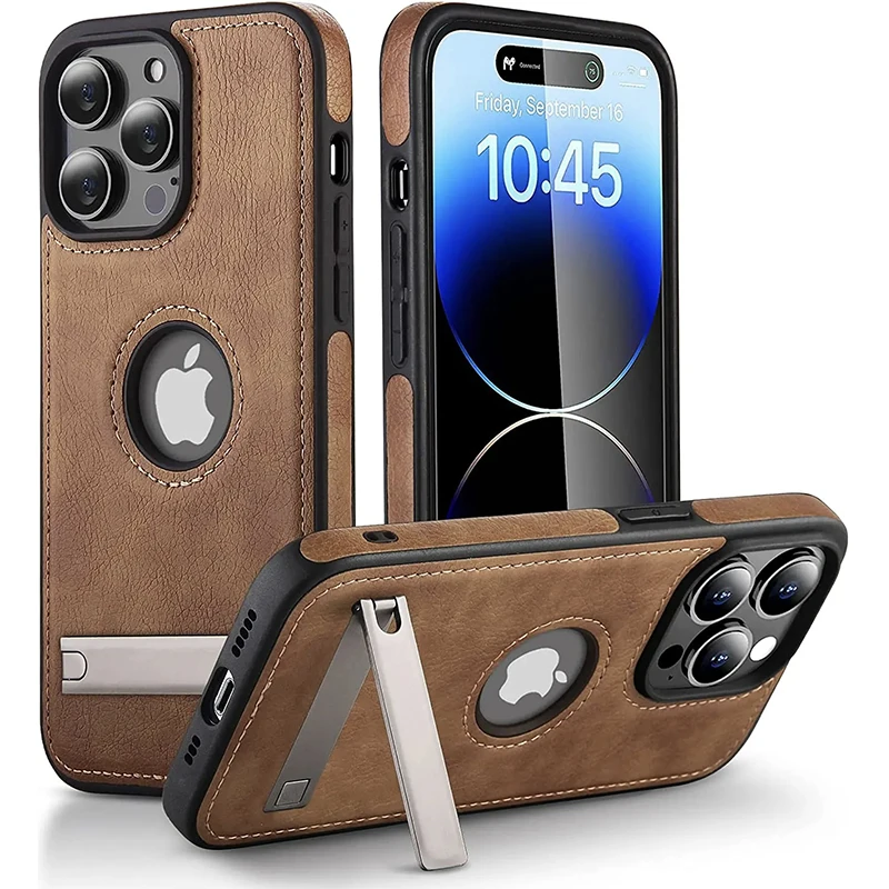 Kickstand Phone Cases for iPhone 16 15 Pro Max 14 Plus 12 11 13 Mini PU Leather Mobile Case with Holder Slim Luxury Stand Cover