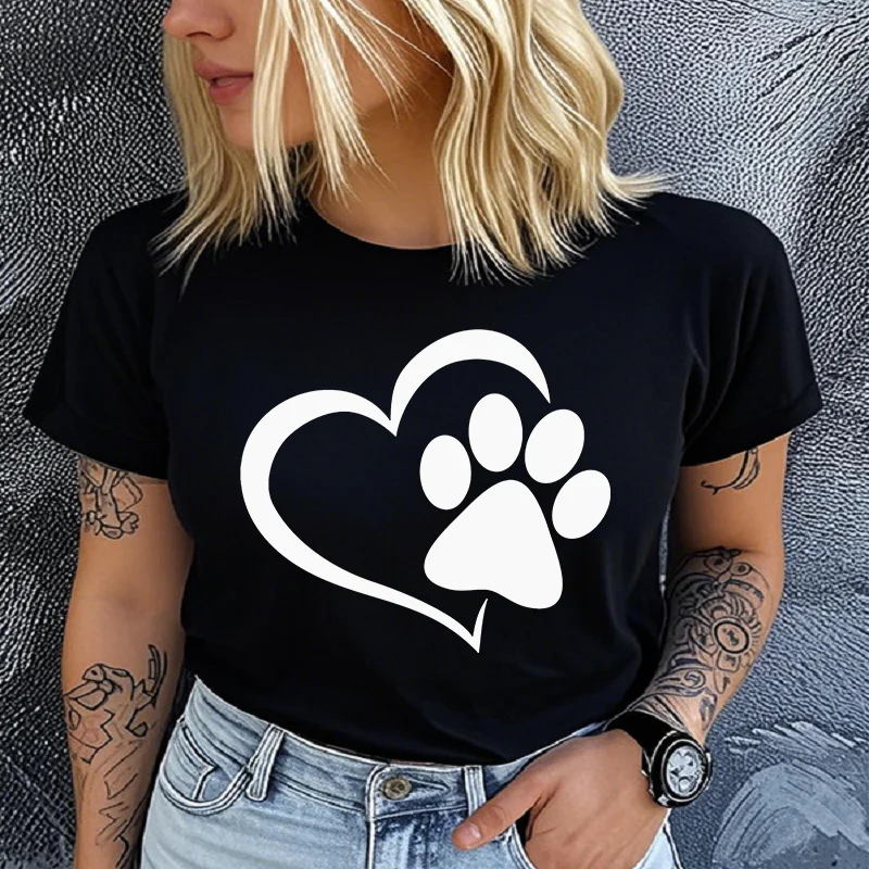 Cotton 100% New Valentine's Day Heart-shaped Checkered Footprint Printed Short-sleeved T-shirt for Casual Women's Summer