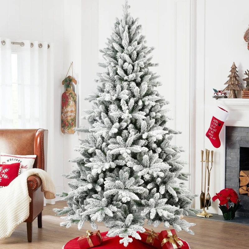 Árbol de Navidad flocado de 6 pies con 1100 puntas, árbol realista con bisagras nevado de PE + PVC con soporte de metal, árbol de Navidad artificial completo para H