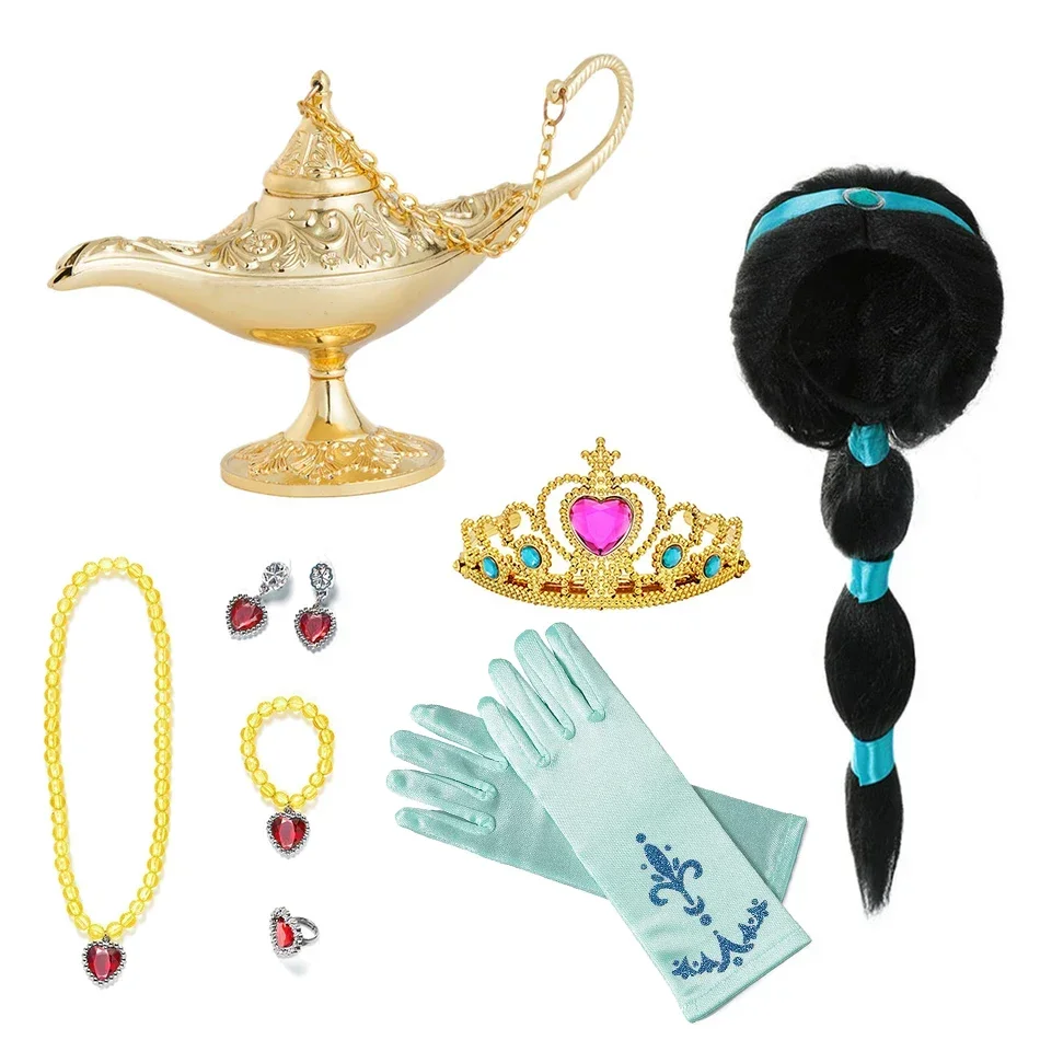Jasmine-Ensemble de bijoux pour filles, accessoires de perruque de lampe d\'Aladdin, couronne, baguette, collier, bracelet, boucles d\'oreilles,