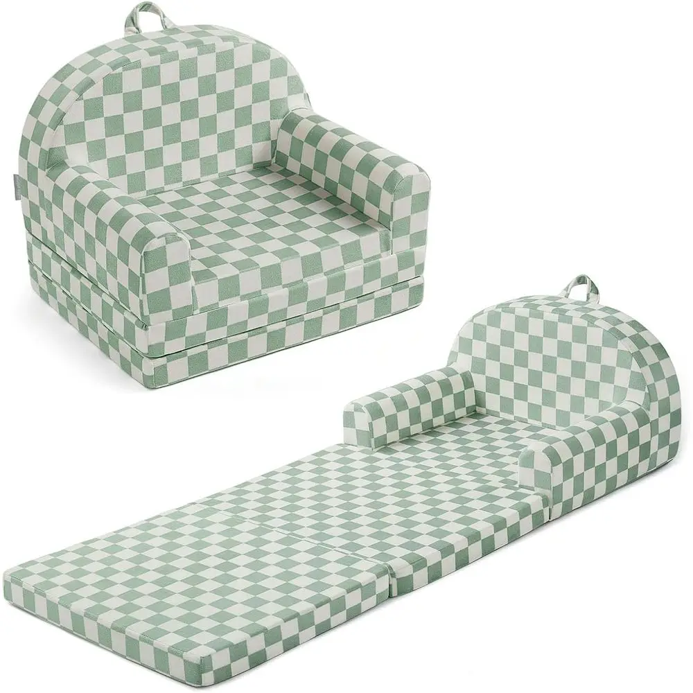 Couch, 2-in-1 Sofa, Sofa Chair, Comfortable Kids Furniture or Playroom, Reading & Play, Checkered Sage