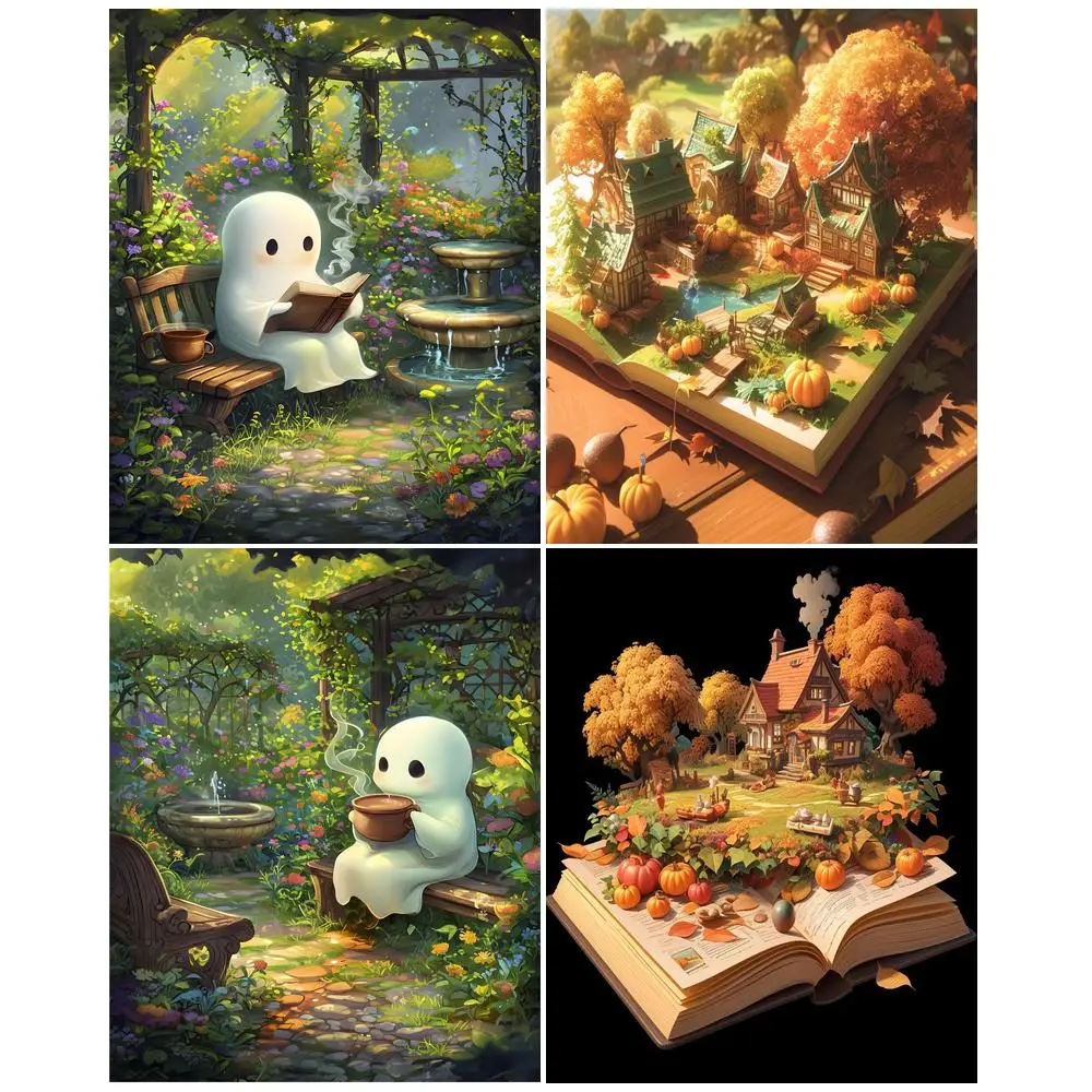 

PhotoCustom Halloween Landscape Diamond Mosaic Map Full Square Round Embroidery Complete Kit Rhinestone Home Decoration