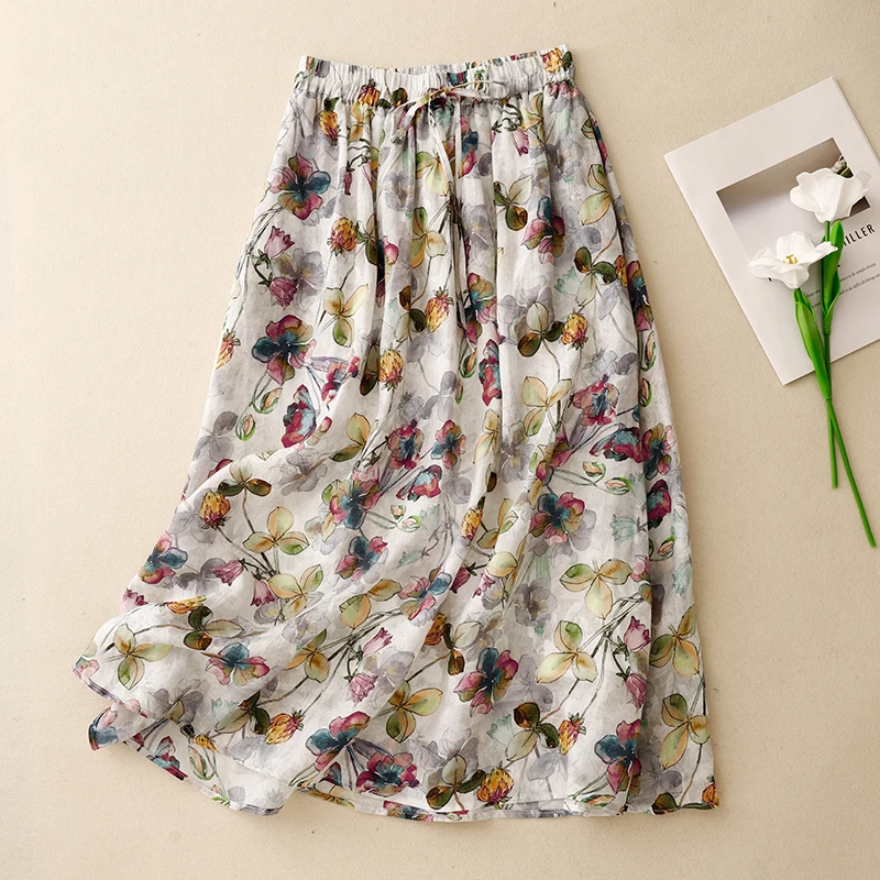 

Spring Summer New Cotton Linen Floral Print Women's Dr Slimming Waist Design Long Skirt Vintage Artistic Sle f Body S...