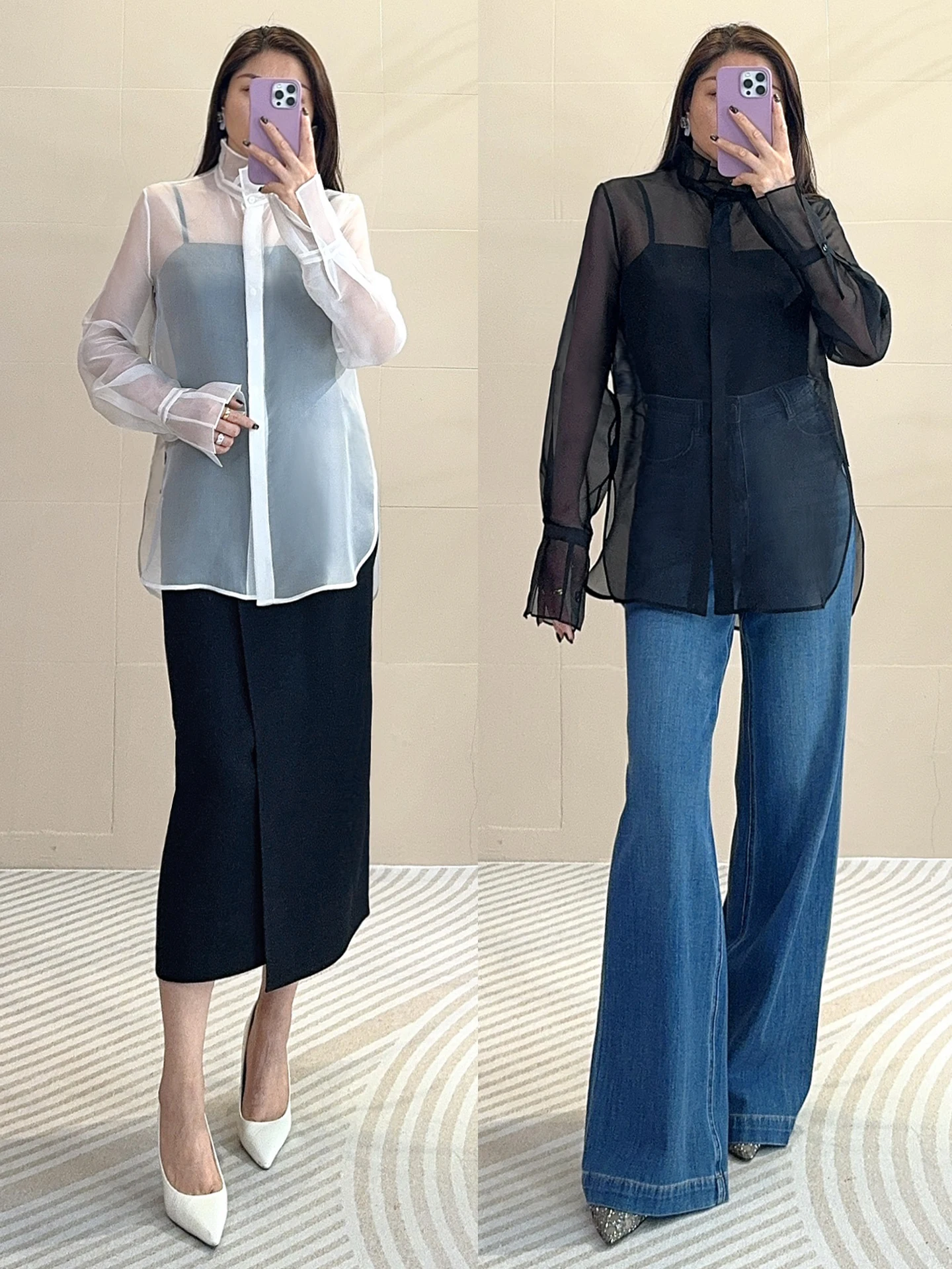 

Ele Chinese Sle Long Sve Loose irt Silk 00% Ogees Translucent Stand Collar Sexy See tough Ladylike Busin irt