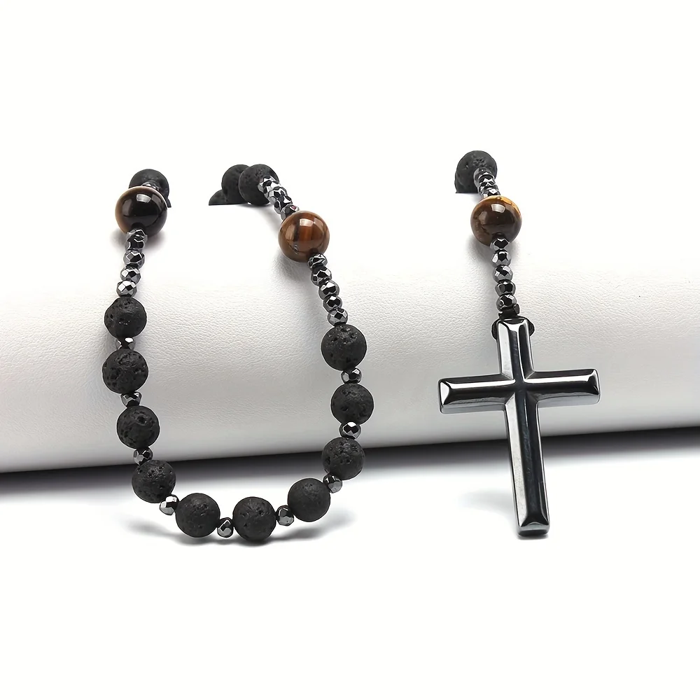 

1pc 8mm Black Volcanic Rock 10mm Yellow Tiger Eye Black Gallstone Cross Religious