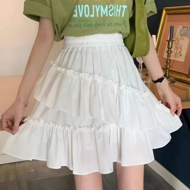 تنورة نسائية قصيرة أنيقة عالية الخصر على طراز Kawaii لعام 2025 تنورة قصيرة للخريف غير منتظمة من أوراق اللوتس على شكل حرف a تنانير كعكة منتفخة غير رسمية