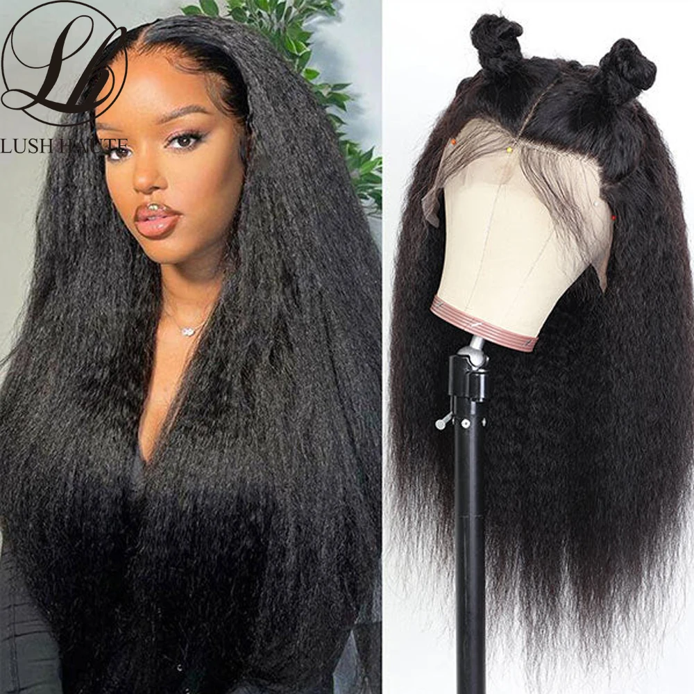 Kinky Straight Lace Front Wigs 200% Density Natural Black Yaki Lace Front Wigs For Women With Baby Hair Synthetic Wigs Glueless