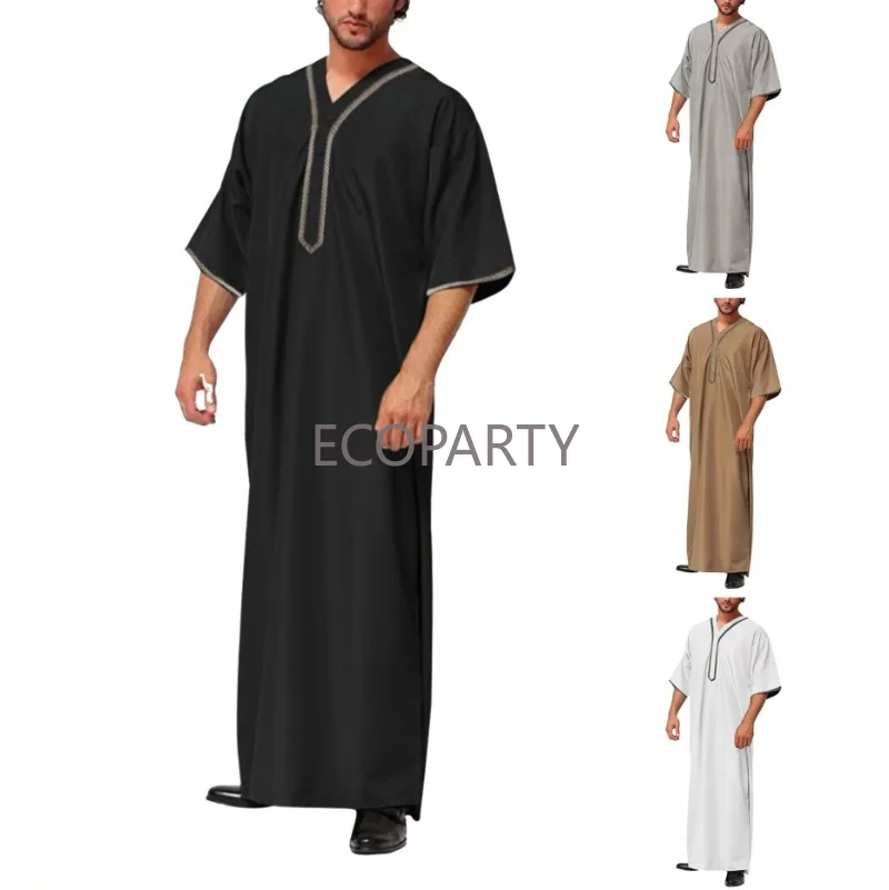 2023 New Vintage Loose Muslim Caftan Robes Men Middle Long Sleeve Black Fashion Man Leisure Solid Color Pattern Islamic Clothing