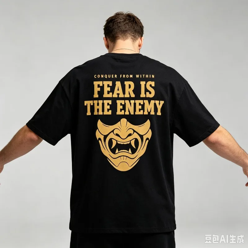 “FEAR IS THE ENEMY CONQUER FROM WITHIN” Oni Mask Graphic T-Shirt Men’s Inspirational Print Soft Modal Crewneck Tee Casual Top