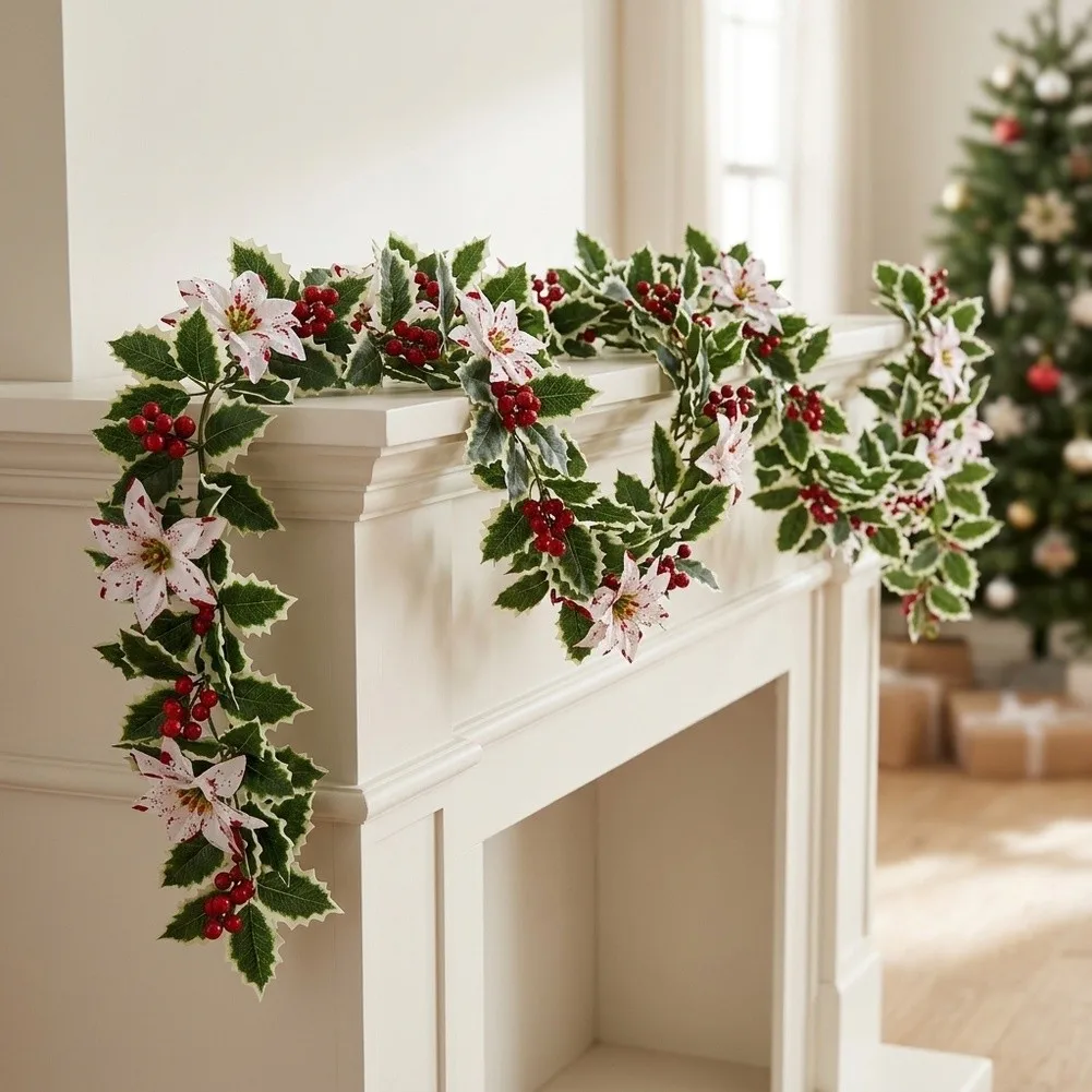 175cm Artificial Vine Garland with Red Berries for Christmas For fireplace Staircase and Table Holiday Display