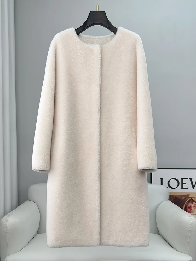 

Round necked granular sheep shearing wool jacket for women's medium length, 2023 new fur and fur integrated coat, fur jacket