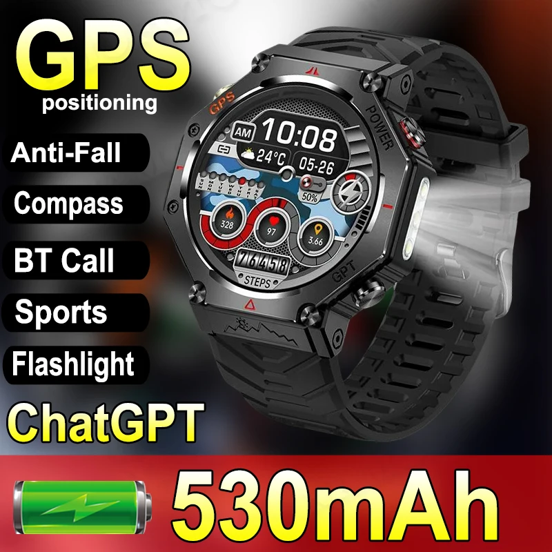 رجل ساعة ذكية GPS العسكرية في الهواء الطلق الساعات الرياضية 530mAh مصباح يدوي قوي البوصلة معدل ضربات القلب ChatGPT BT دعوة Smartwatch الرجال