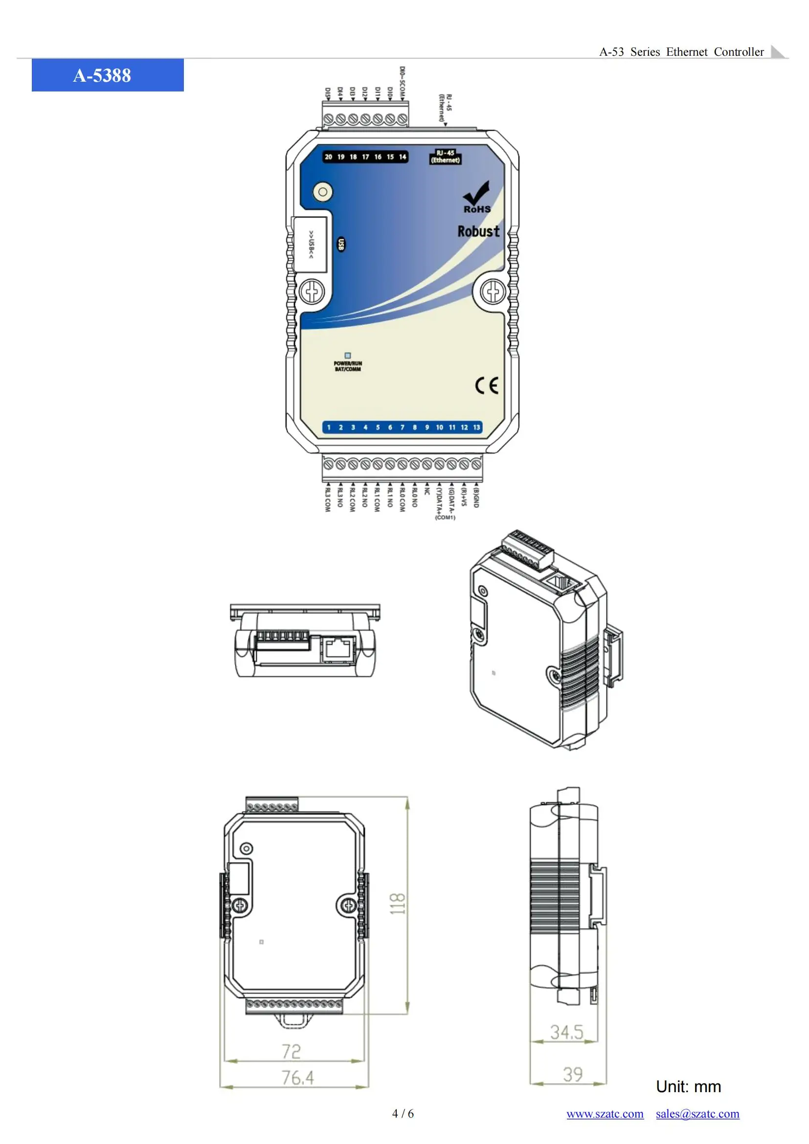 Controller PLC Ethernet industriale MODBUS TCP-IP/RTU Uscita relè 6DI 4DO (A-5388))