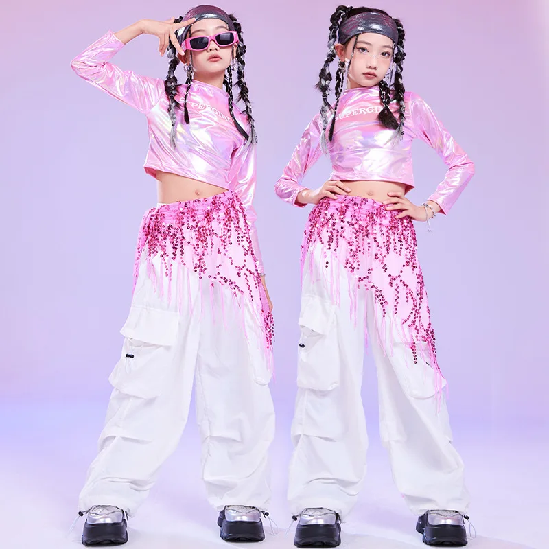 Kid Hip Hop Clothing Pink Laser Crop Top Long Sleeve T Shirt White Casual Ruched Cargo Pants for Girl Jazz Dance Costume Clothes