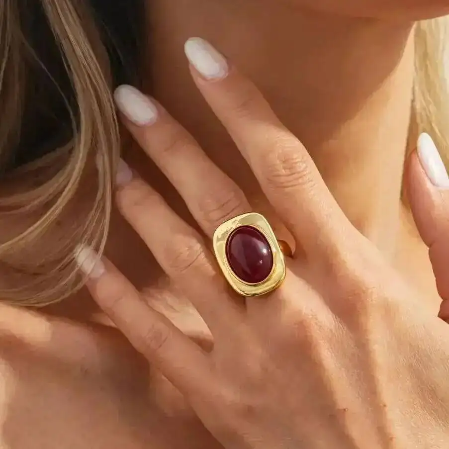 SHIXIN Vintage Red Resin Acrylic Oval Open Knuckle Rings for Women 2026 New Charm Geometric Metal Joint Ring Party Jewelry Gifts