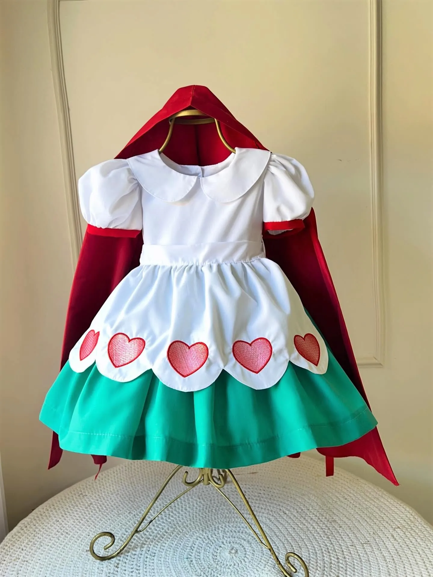 Summer Girl Sweet Red Heart Embroidered White Green Dress for Casual Party Birthday Wedding Photography