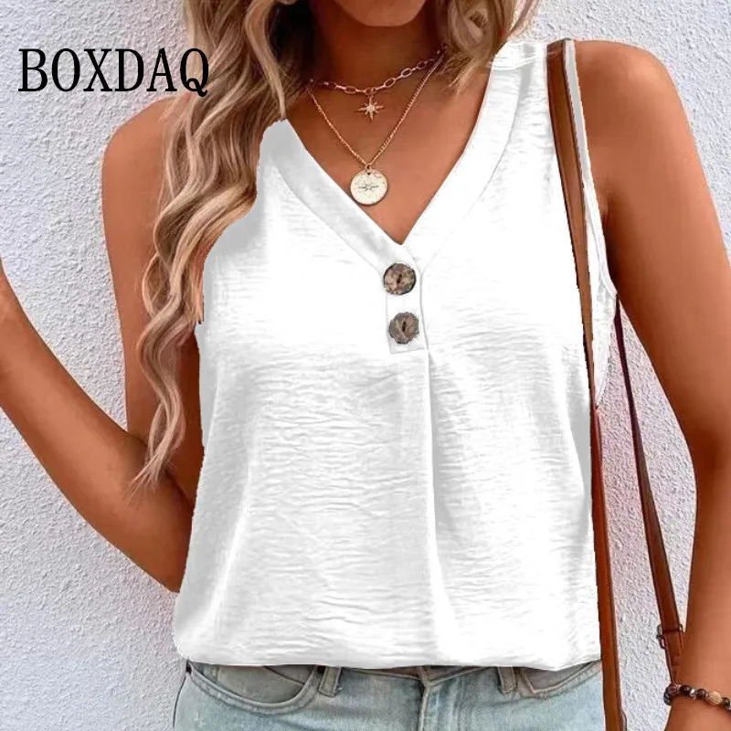 V-Neck Solid Buttons T Shirts Sleeveless Summer Tops Casual Women Loose Vest Shirts Ladies Tank Black White Top Streetwear