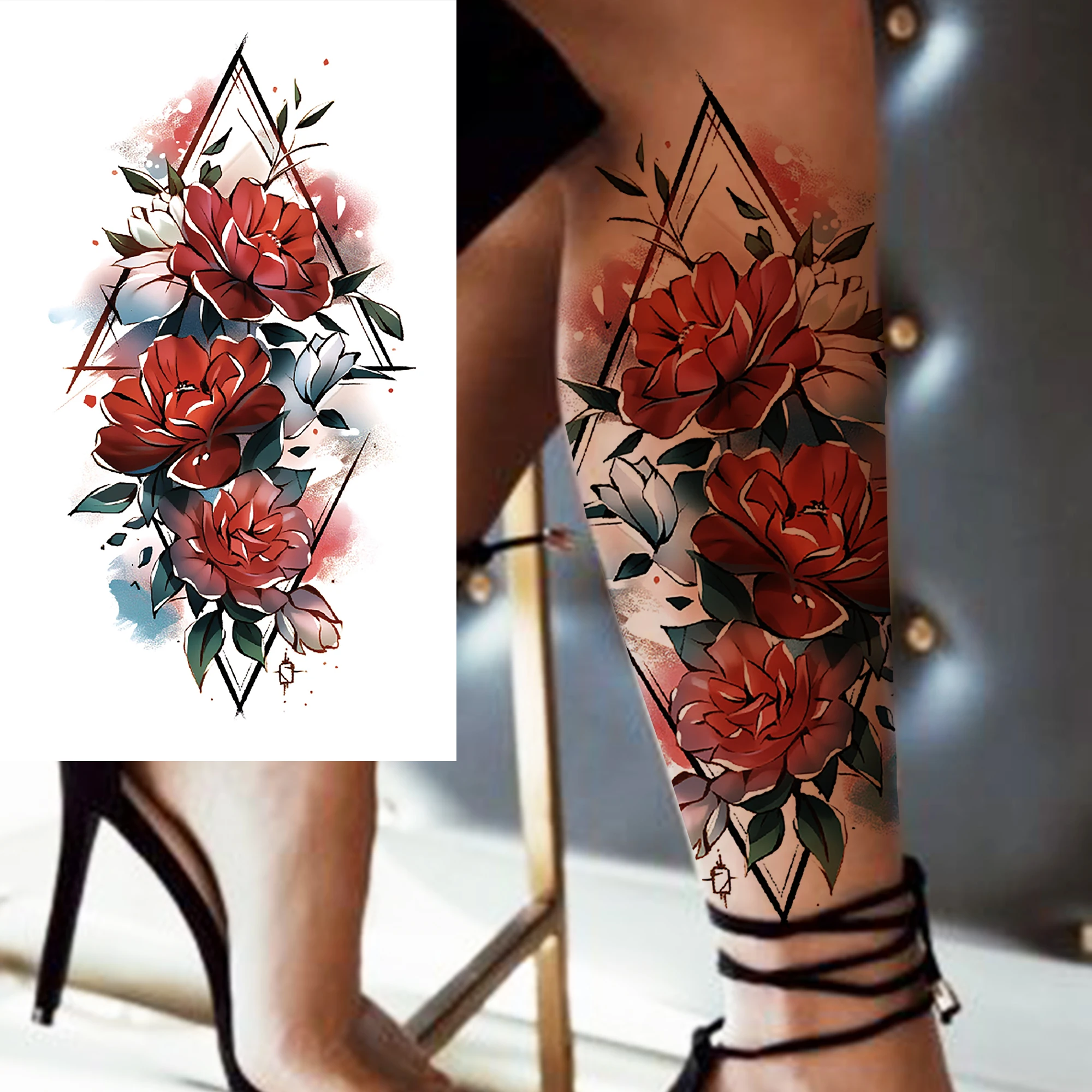 1 Sheet Flower Snake Watercolor Tiger Temporary Tattoos For Women Adults Fake Peony Rose Tattoo Sticker Arm Leg Body Disposable