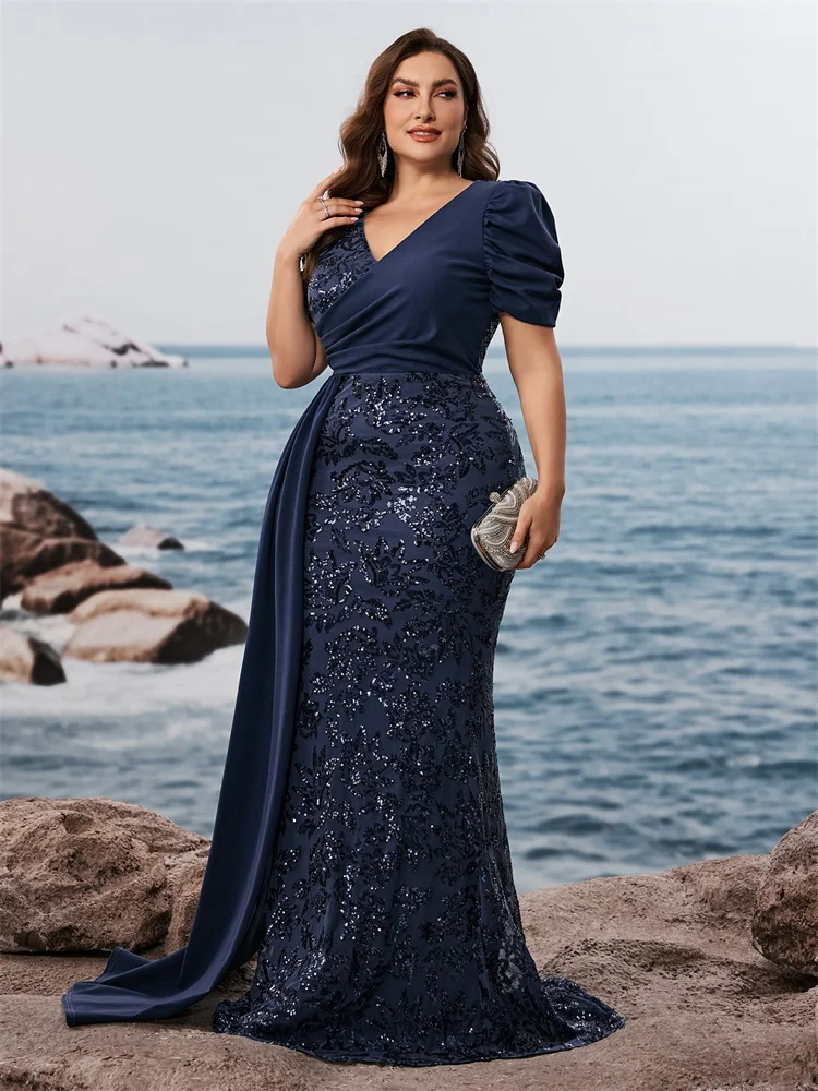 Lucyinlove Plus Size Elegant V-neck Sequins Evening Dress Women Short Sleeves Mermaid Formal Luxury Party Streamer Prom Dress image 3