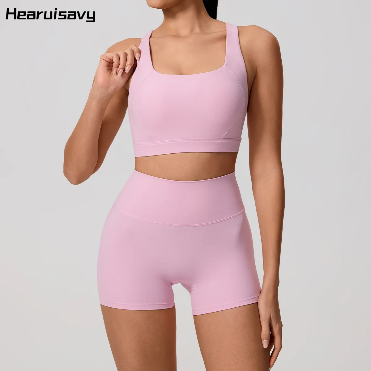 Hearuisavy Women Yoga Set Cross Back Sports Bra High Waist Biker Shorts Workout Fitness Running Outfit Tummy Control Sportswear