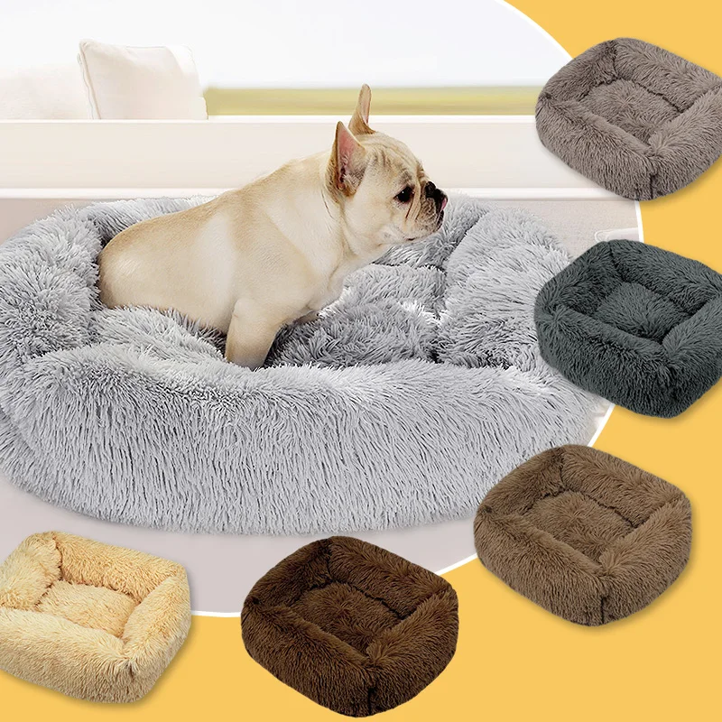 

Square Calming Dog Bed For Medium Cats Dogs Anti-Slip Cozy Soft Fluffy Plush Faux Fur Dog Bed Medium Size Dog Cushion Cat Beds