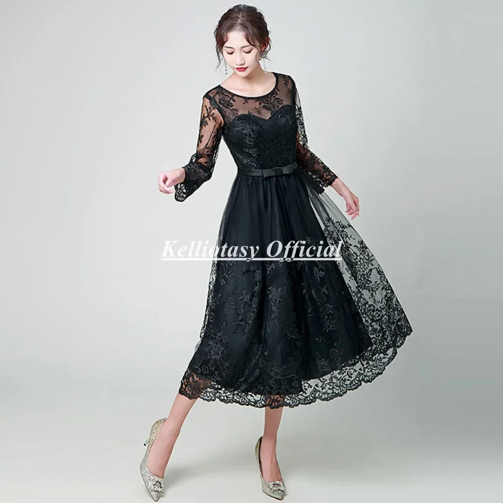 Black Lace Mother Of the Bride Dress With Long Sleeves Elegant Tea Length Mother Of The Bride Wedding Dresses Plus Size YSM139