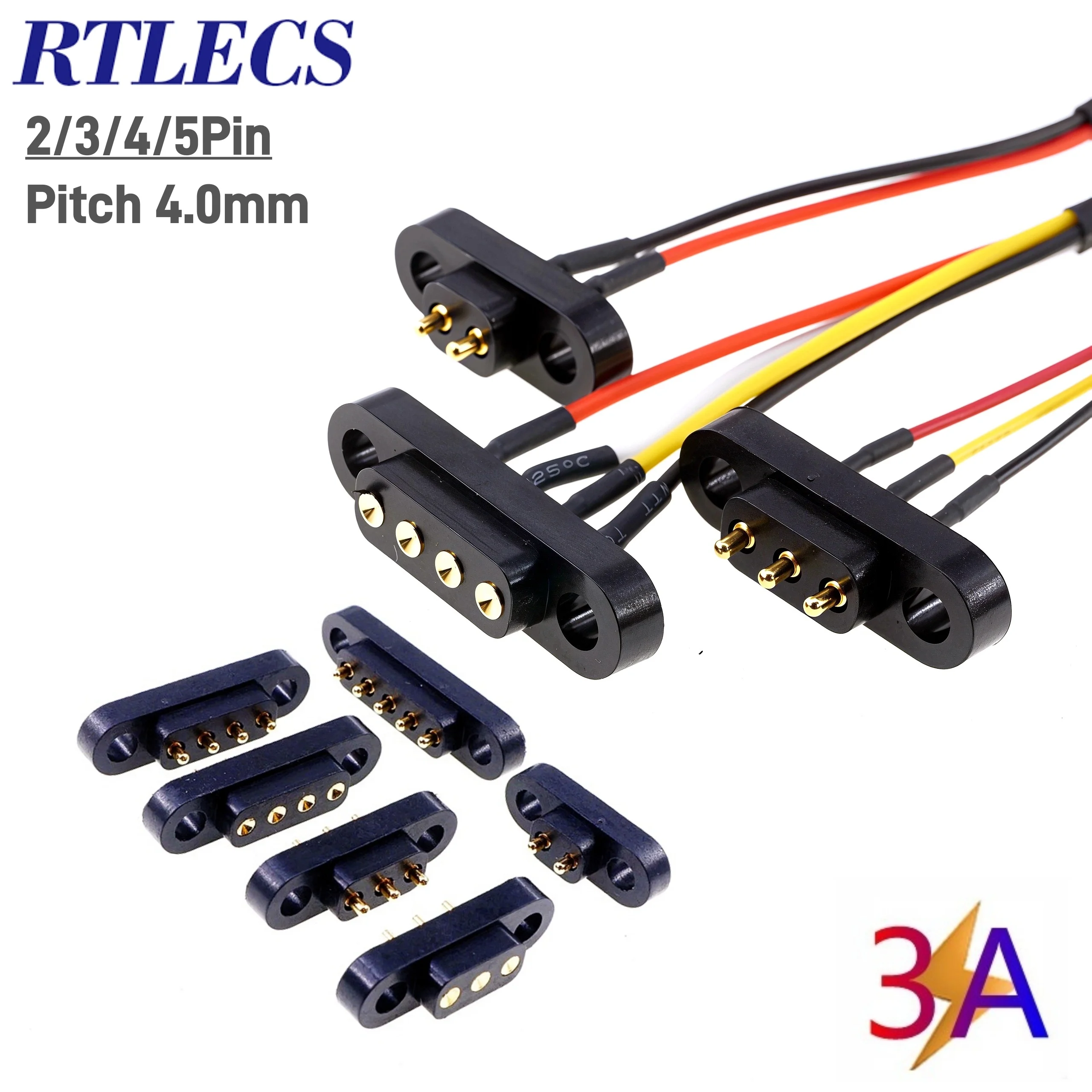 1/3/5 Pairs PogoPin Connector 3A Male Female 4.0mm Pitch Spring Loaded 2 3 4 5Pin DIP Through Hole PCB Mounting Ear Gold Plated