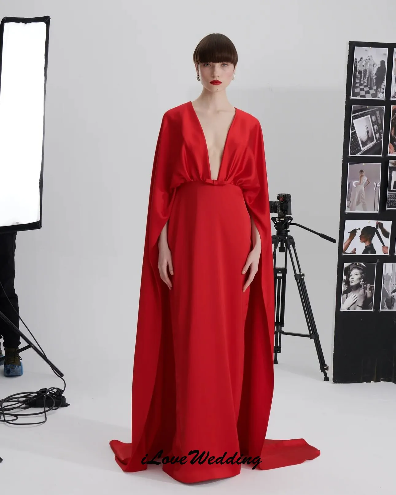 Red V-Neck Long Sleeve Evening Dresses 2025 Elegant Woman Party Dress Satin Sexy Prom Dress With Jacket Ruched Formal Customized