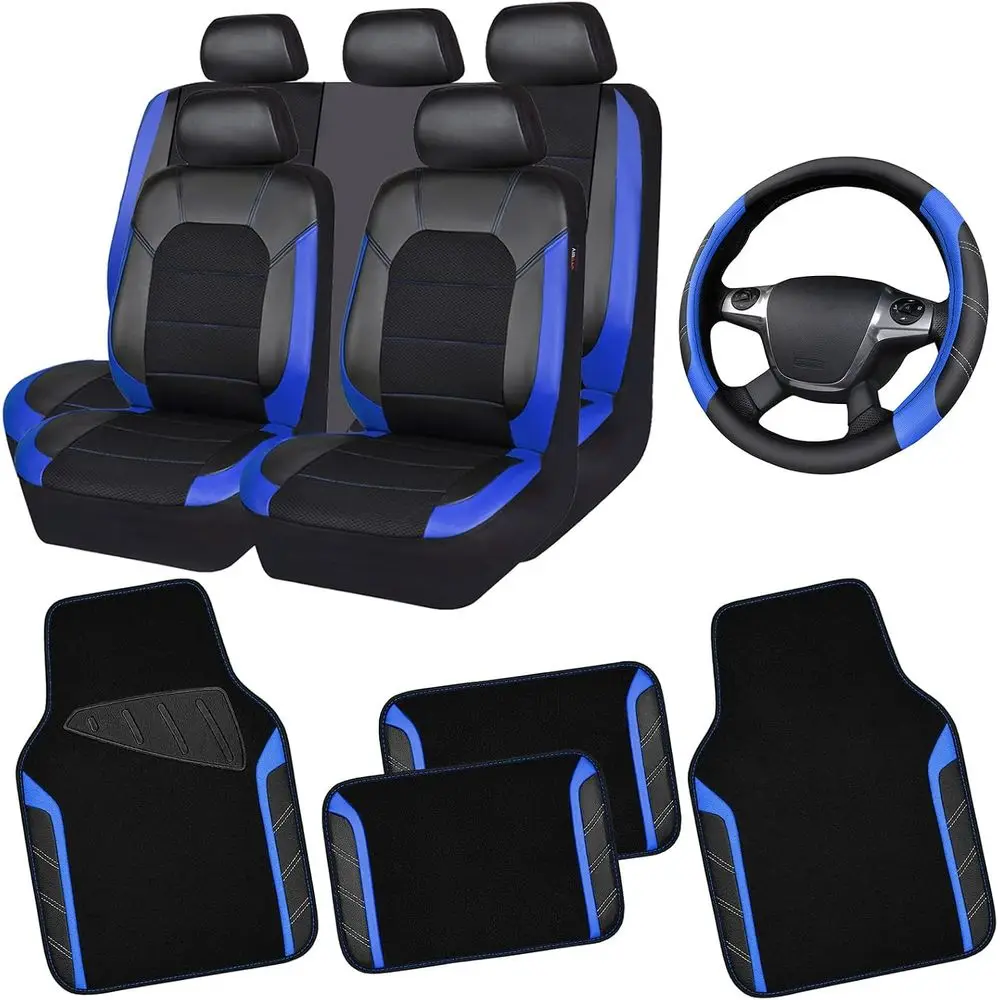 Universal Mesh Leather Seat Covers, Waterproof Floor Mats, & Sporty Steering Wheel Cover for Most Cars, Trucks, and SUVs (Black