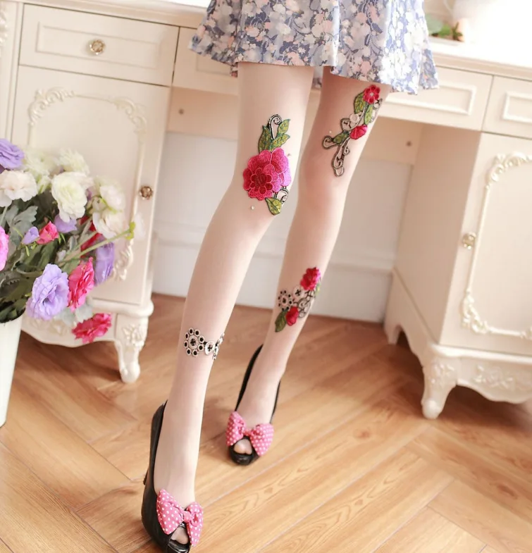 Hook-free Rhinestone Lace Pearls Cut Stockings Korea Hand-made Beaded Pantyhose Base Pantyhose